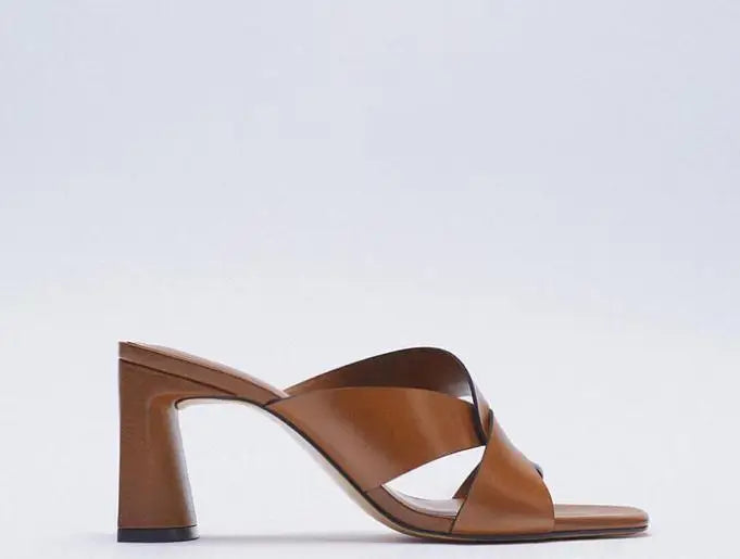 Summer new women's shoes brown black thick-heeled cow leather sandals square toe cross with open toe back high heels slippers