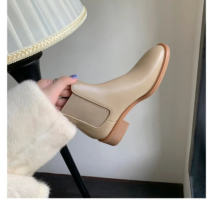 2026 Autumn/Winter Ankle Boots Women Basic Chelsea Botas Mujer Low Thick Heels Short Booties PU Leather Slip On Stretch Botines