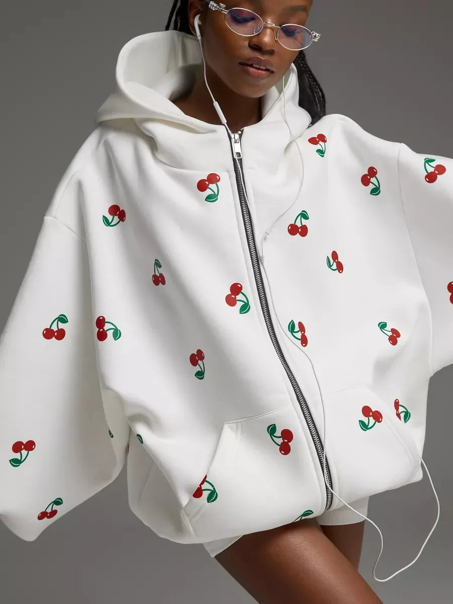 Women's Cherry Printed Sweatshirt Jacket 2025 Autumn Street Style Fashion Trendy Brand Loose Versatile Sports Hoodie Female New