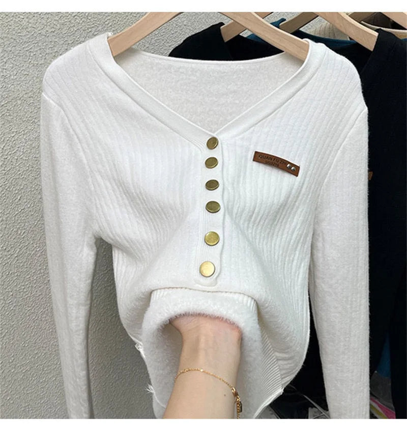 2024 Thicken Velvet V-neck Sweater Women Korean Fashion Lined Warm Sueter Knitted Pullover Slim Top Winter Jersey Knitwear Jumpe