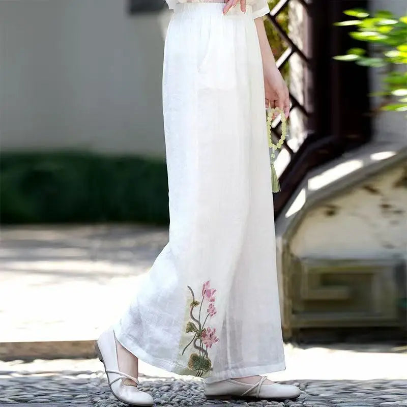 Chinese Style Vintage Embroidery Casual Trousers Women Summer Pants Literature Art National Style Retro Embroidery Bottoms