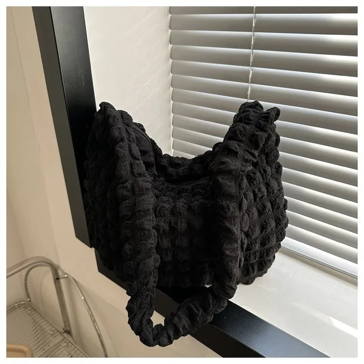 HOMEFISH Crossbody Bag With Pleated Design Embroidered Plaid Shoulder Bag Underarm Bags Simple Large Capacity Quilted Tote Bags
