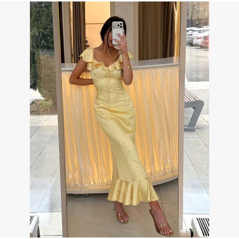 Flutter Sleeves Slim Long Dress Women Casual Pleated Deep V-neck Floral Print High Waist Dresses 2026 Lady Summer Holiday Wear