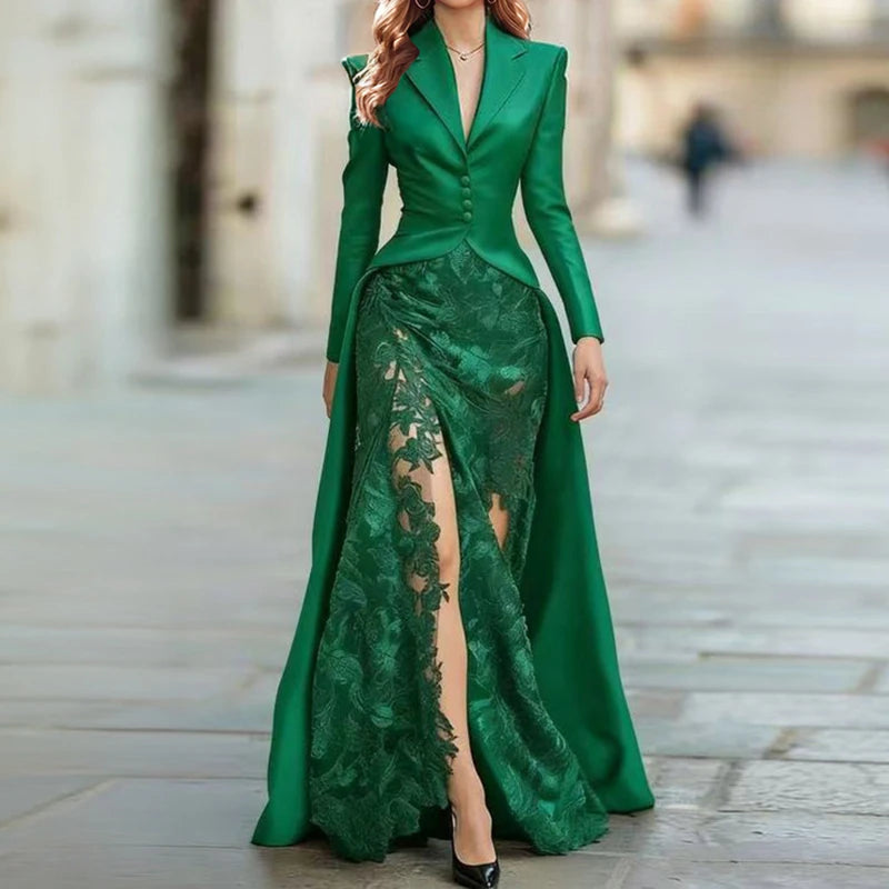 Autumn Women's Lapel Button Top and Skirt Two Piece Set Lace Patchwork Slim Fit Party Suit Elegant Solid Formal Occasion Outfit