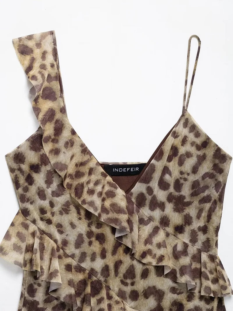 MUJER Print Ruffle Tulle Top Women Leopard Backless Tops Woman 2025 Summer Camisole Beach Top Female Sleeveless Tops for Women