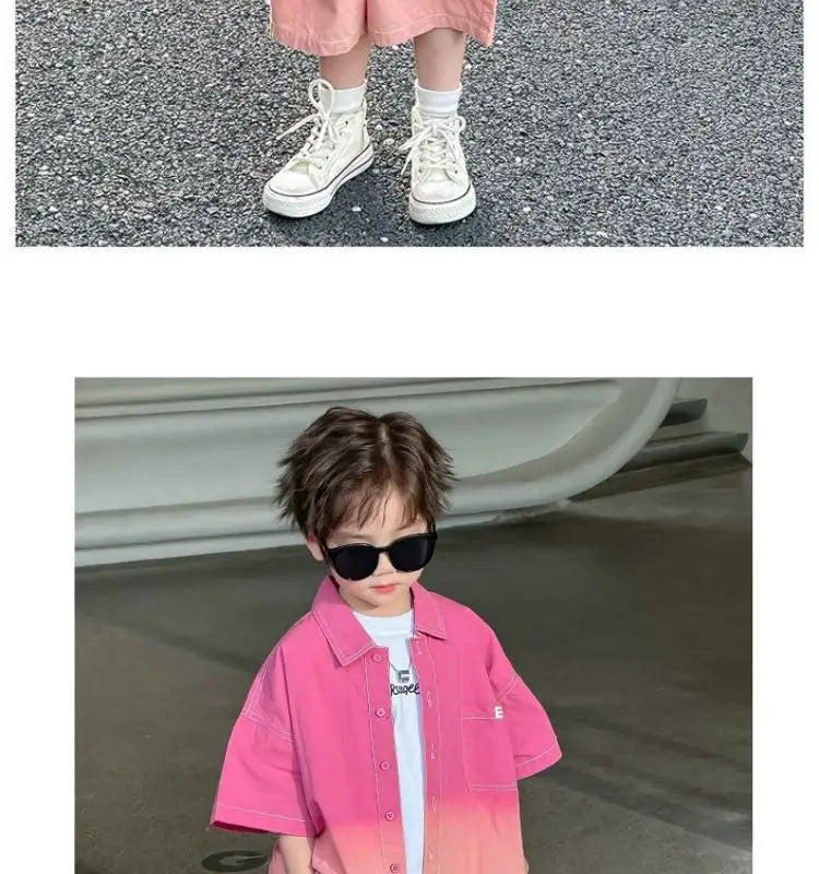 2026 New Boys Fashion Gradient Pink Shirt Shorts Set Loose Fit Casual Kids Two Piece Outfit Breathable Children's Streetwear 3-8