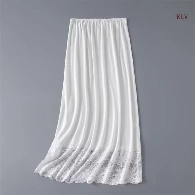 Womens Lace Trim Half Slip Long Underskirt Elastic Waist Solid Color Petticoat Basic Safety Half Skirt for Under Dresses