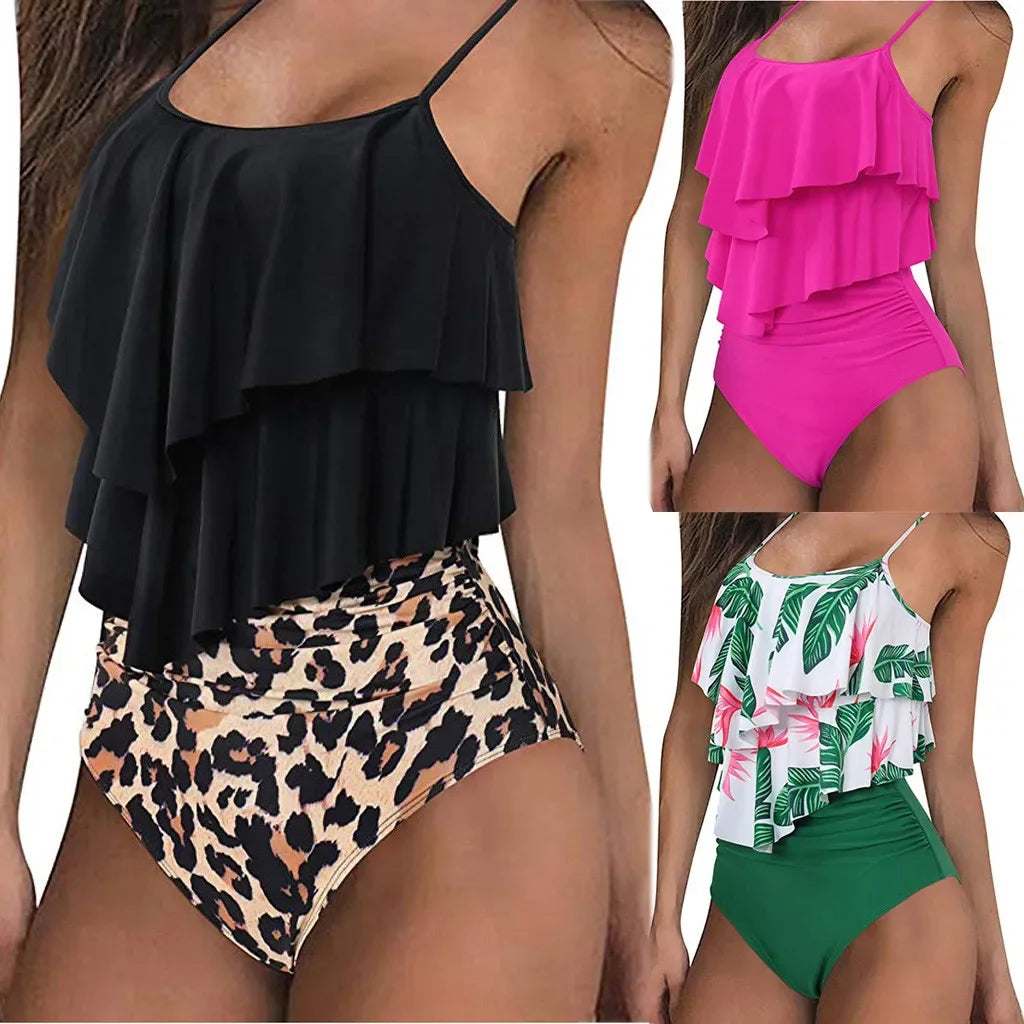 Women High Waisted Tankinis Set 2 Piece Swimsuits Ruffle Spaghetti Strap Swimwear Sexy Bikini Summer Beach Wear Bathing Suit