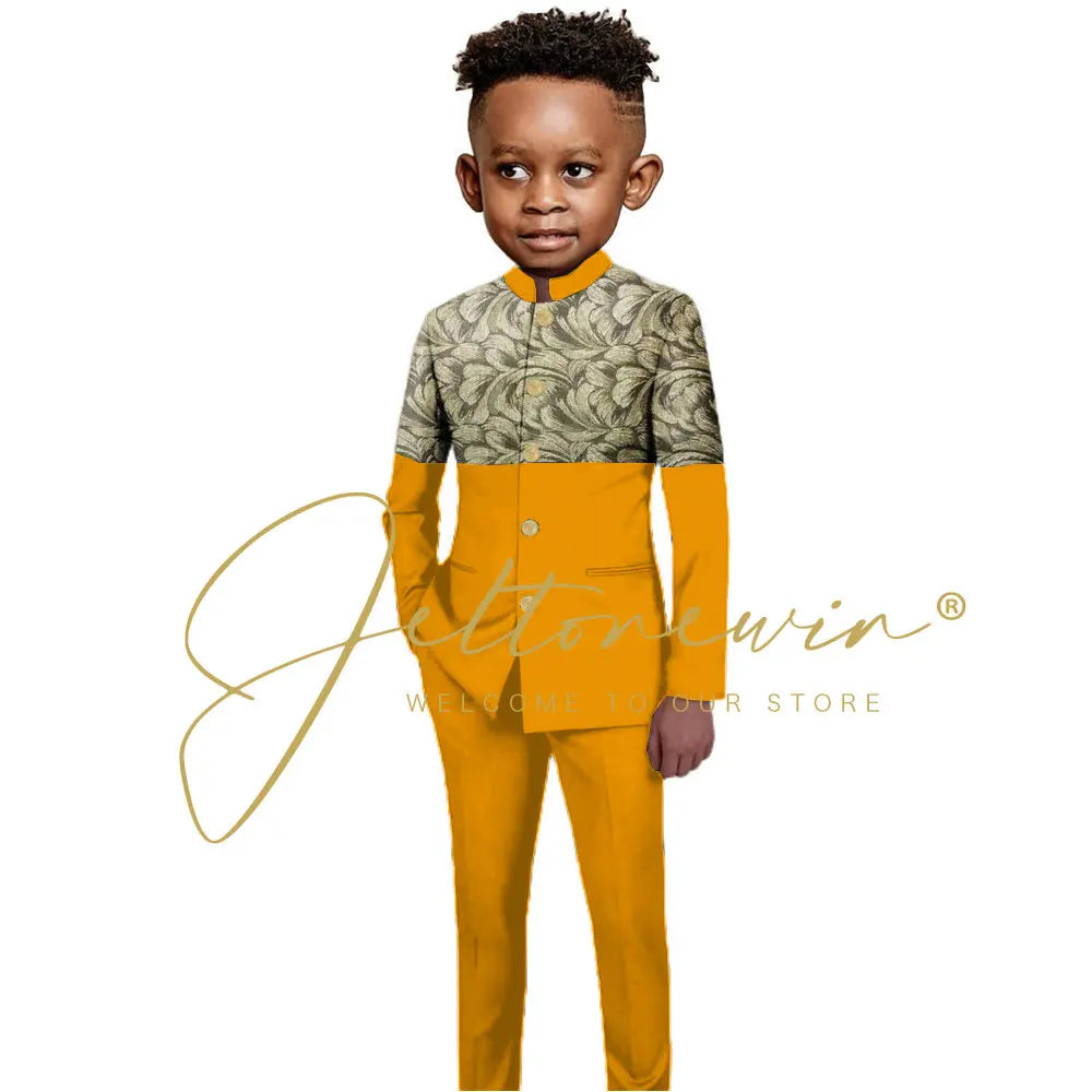 African Style Boys Suit Burgundy Gold Floral Jacket Pants 2 Piece Set Stand Collar Blazer Wedding Tuxedo Kids Formal Party Dress