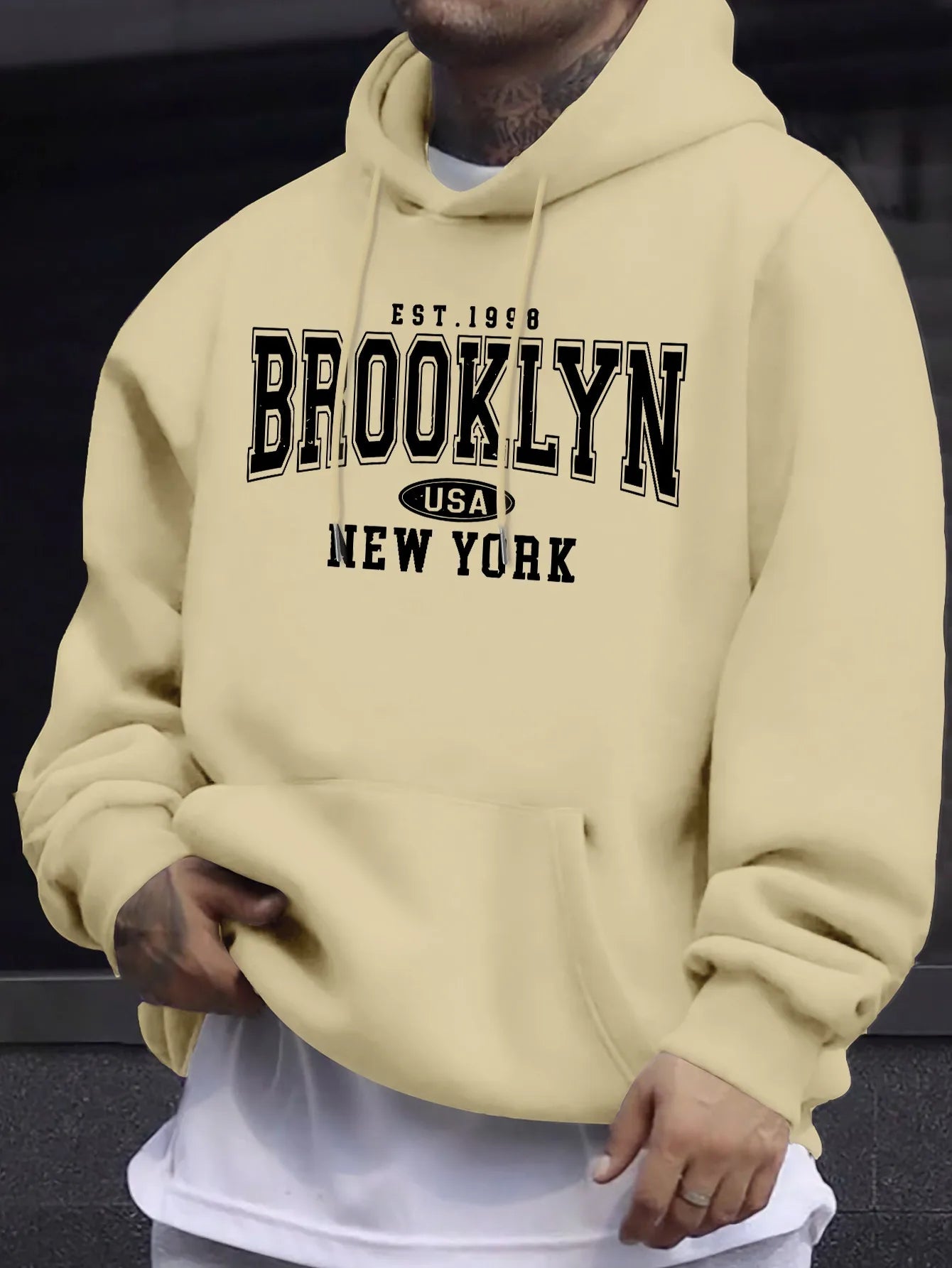 Men's autumn and winter casual fashion loose Brooklyn New York letter printed long sleeved hooded sweatshirt warm pullover BAZAARHUBO