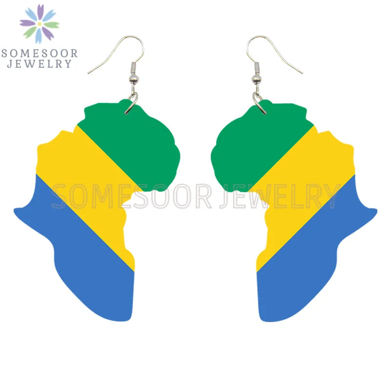 SOMESOOR Afro Countries National Flags Print Africa Map Wooden Drop Earrings Pendant For Women African Mainland Dangle Jewelry