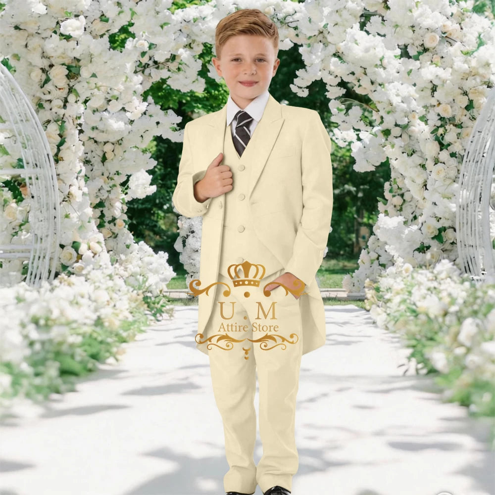 Custom Boys' 3-Piece Tuxedo Set Long Jacket Black Vest Pants Slim Fit Suit for Wedding Birthday Party Children Performances