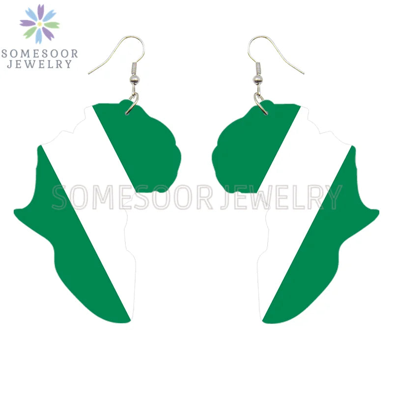 SOMESOOR Afro Countries National Flags Print Africa Map Wooden Drop Earrings Pendant For Women African Mainland Dangle Jewelry