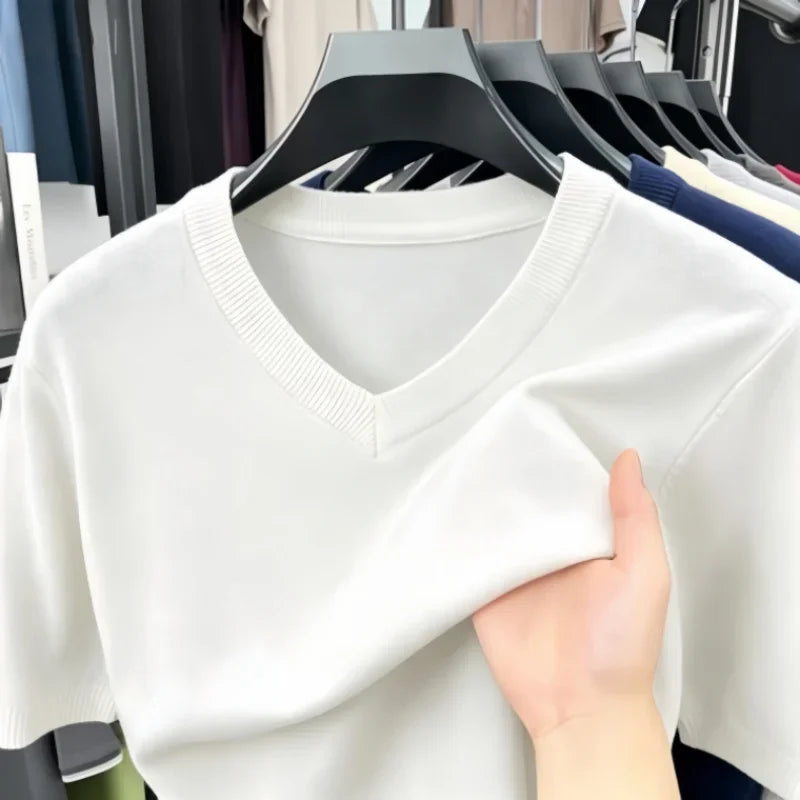 Mens V Neck Short Sleeve Wool Knit Pullover Soft Thin Knitwear For Business Office Daily Casual Spring Summer Basic Tops