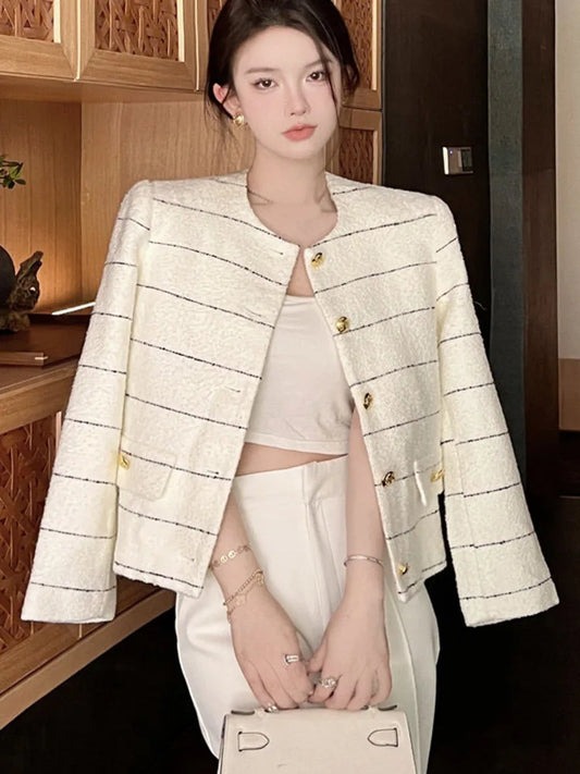 Korean Fashion Casual Small Fragrance Tweed Jacket Coat Women Fall Winter Fried Street Striped Coat Casaco Woolen Outwear Top