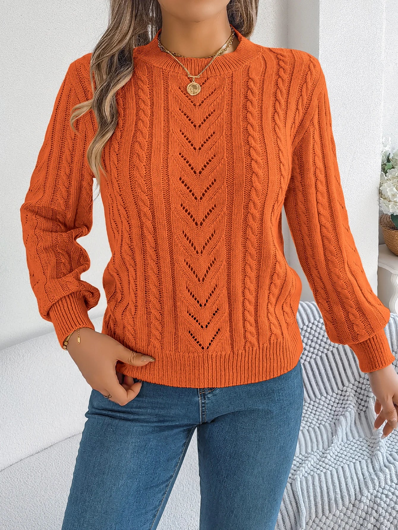 Autumn and Winter Casual Solid Color O-Neck Hollow Out Long Sleeved Pullover Sweater BAZAARHUBO