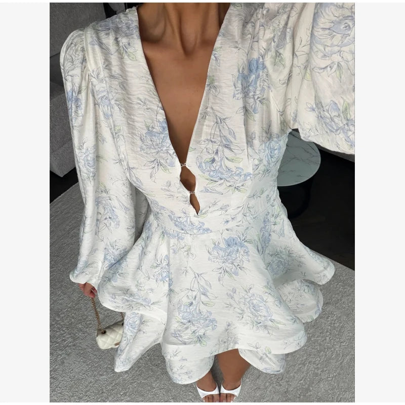 Elegant Floral Printed Waist-cinched Mini Dress Women Pleated Deep V-neck Long Sleeve Button-front Dresses Fashion Party Robe