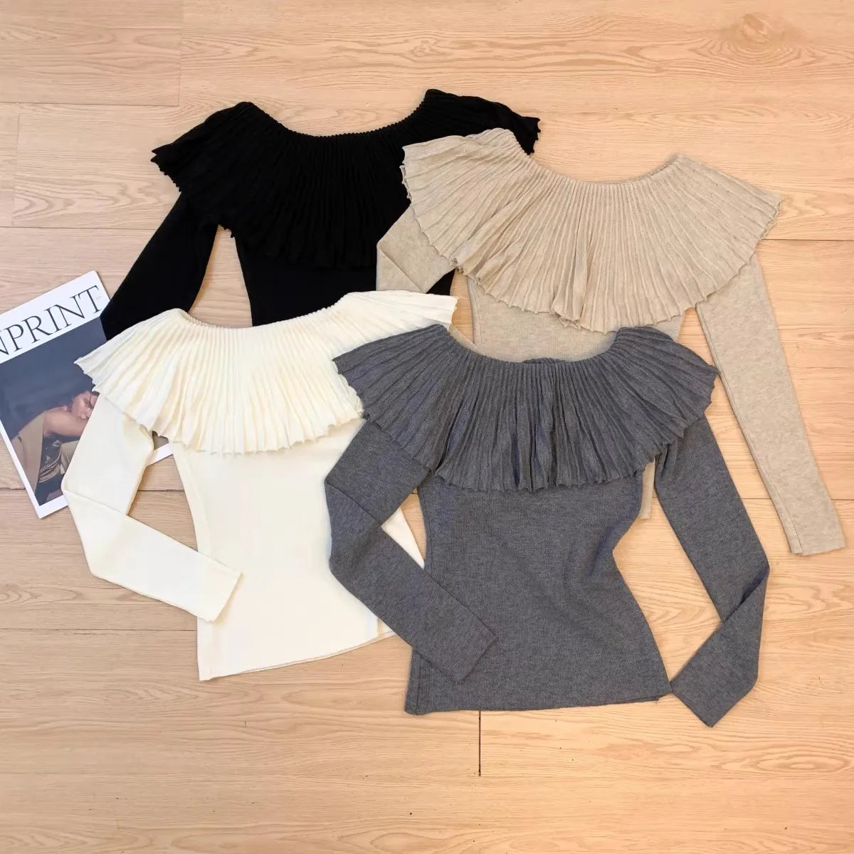 Women's Solid Color Slash Neck Ruffles Sweater Short Pullover Korean Fashion Chic Retro Style for Autumn Winter