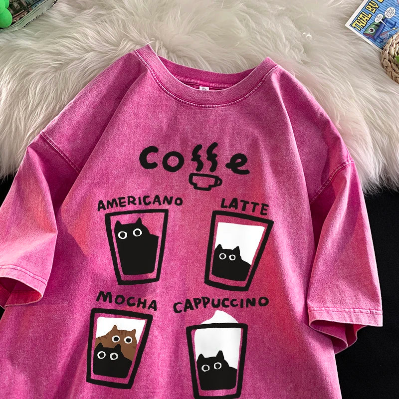 American Retro Trendy Cat Cotton T-shirt Men Women Summer Loose Couple Short Sleeve Tops Harajuku Y2k Vintage Water Washing Tee