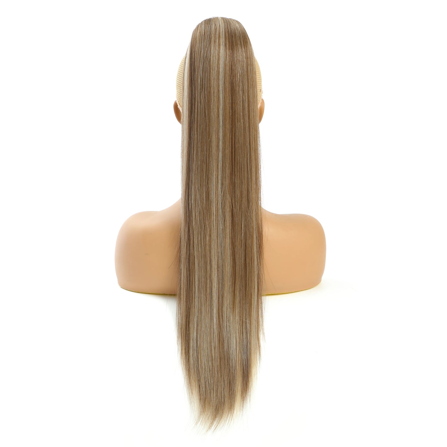 28Inch Straight Ponytail Blond Highlight 12/613 Ombre Brown Hair Extension With Clip 180Gram High Temperature Bio Synthetic Hair