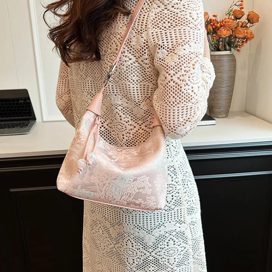 Fashion Embroidered Chinese Style Handbag Canvas Zipper Pea Purses Luxury Adjustable Cheongsam Bag Women
