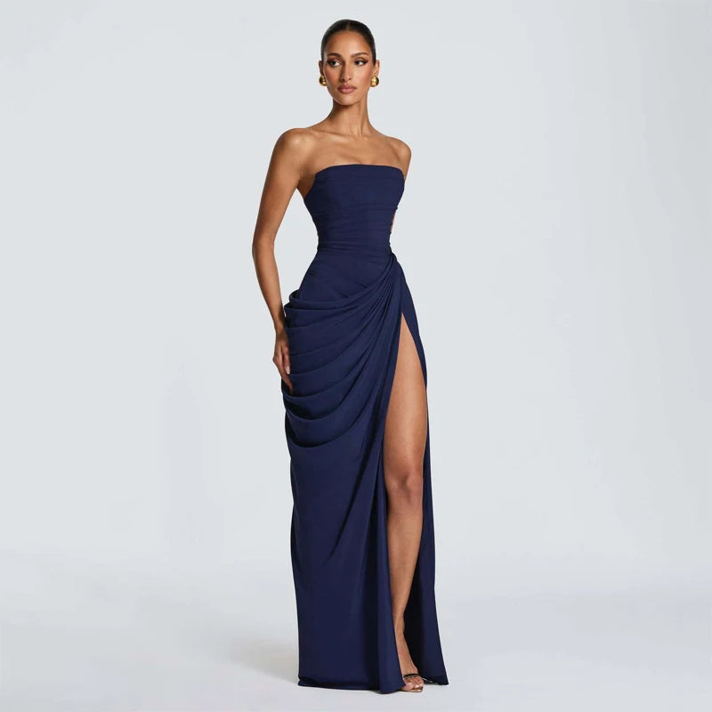 Women Sexy Solid Pleated Strapless Dress Lady Chic Off-shoulder Backless High Waist Split Dresses 2026 New Evening Party Gown