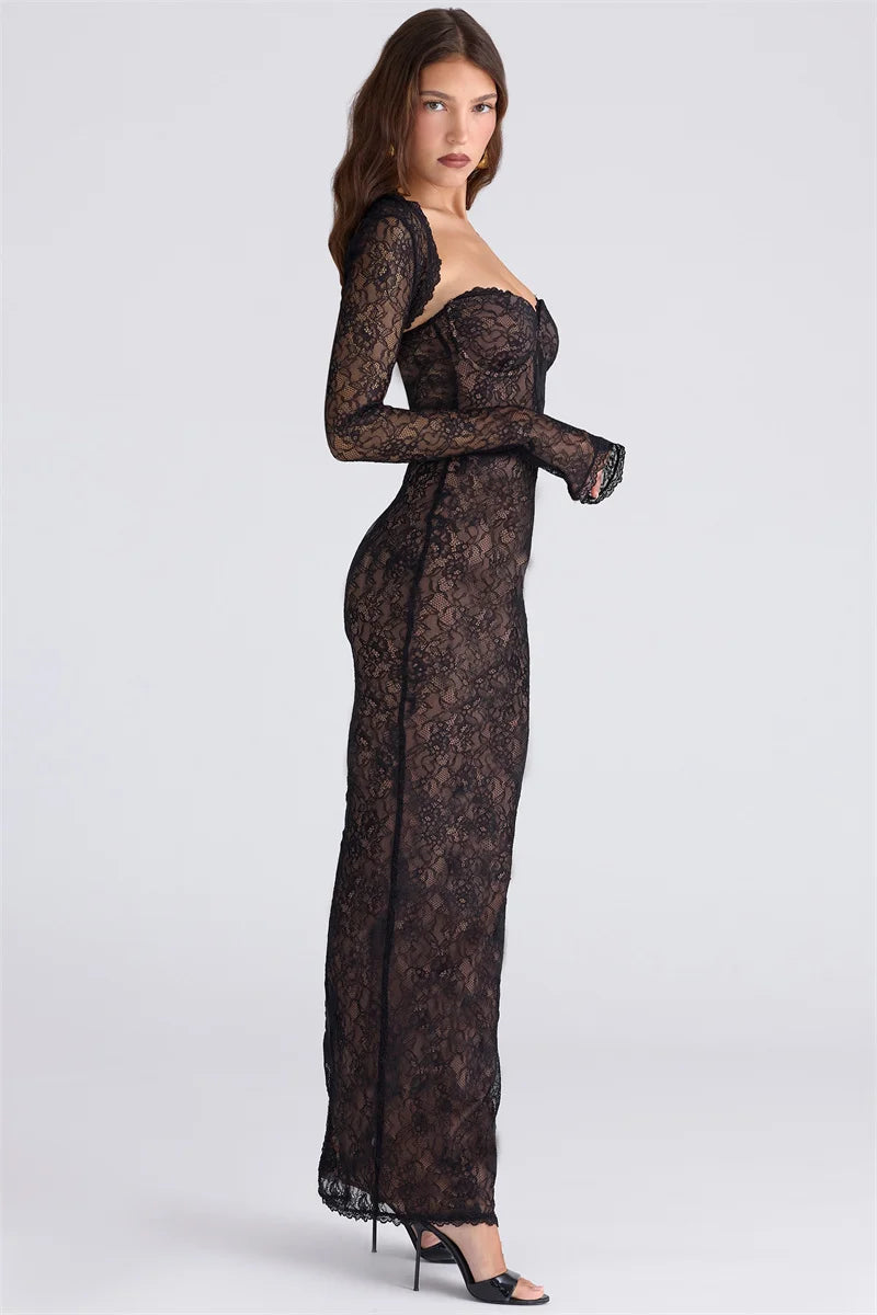 Mozision Lace Long Sleeve Sexy Maxi Dress Women Elegant Square Collar Strapless Backless Split Bodycon Club Party Long Dress
