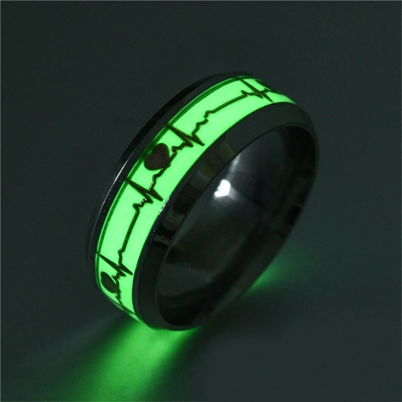 Fashion Love Heart Luminous Finger Ring ECG Stainless Steel Glowing In Dark Music Dragon Couple Rings for Boy Girls Wedding Gift