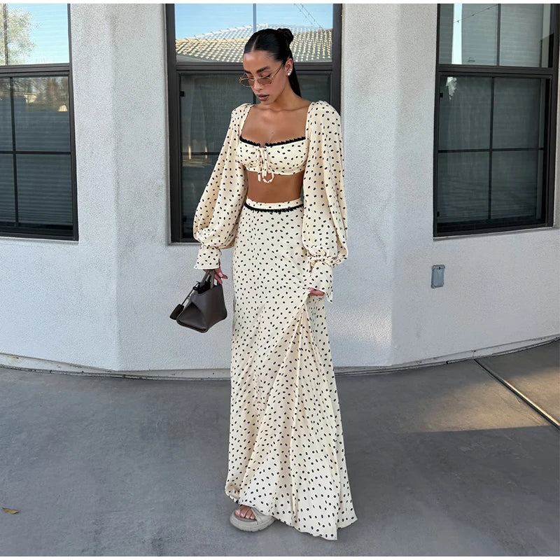 Elegant Female 2 Piece Skirt Set Polka Dots Printed Suit Cropped Short Sleeves Square Neck Top Slit High Waist Skirt Vintage Set