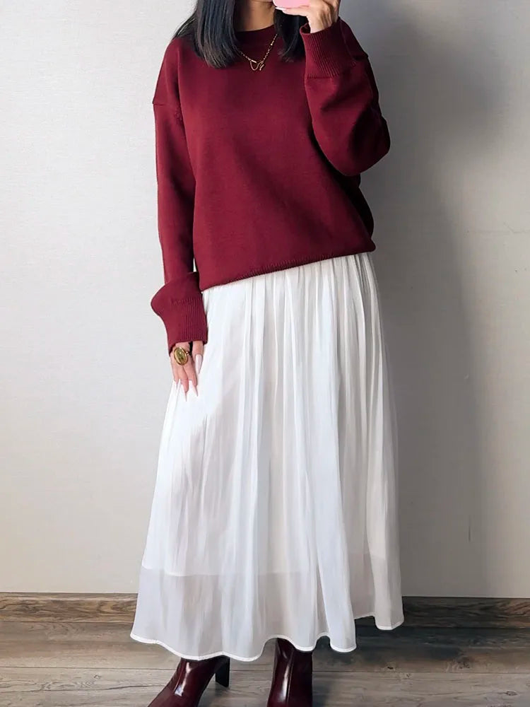 Oversize Burgundy Womens O Neck Knitwear Sweater Warm Winter Pullover