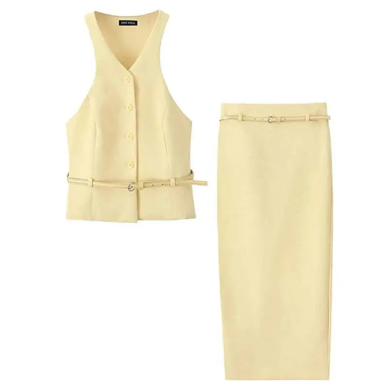 Women Fashion Suit Yellow V-Neck Sleeveless Belt Sngle Breasted Tops+High Waist Pocket Belt Long Skirts Female Summer Set JHX6