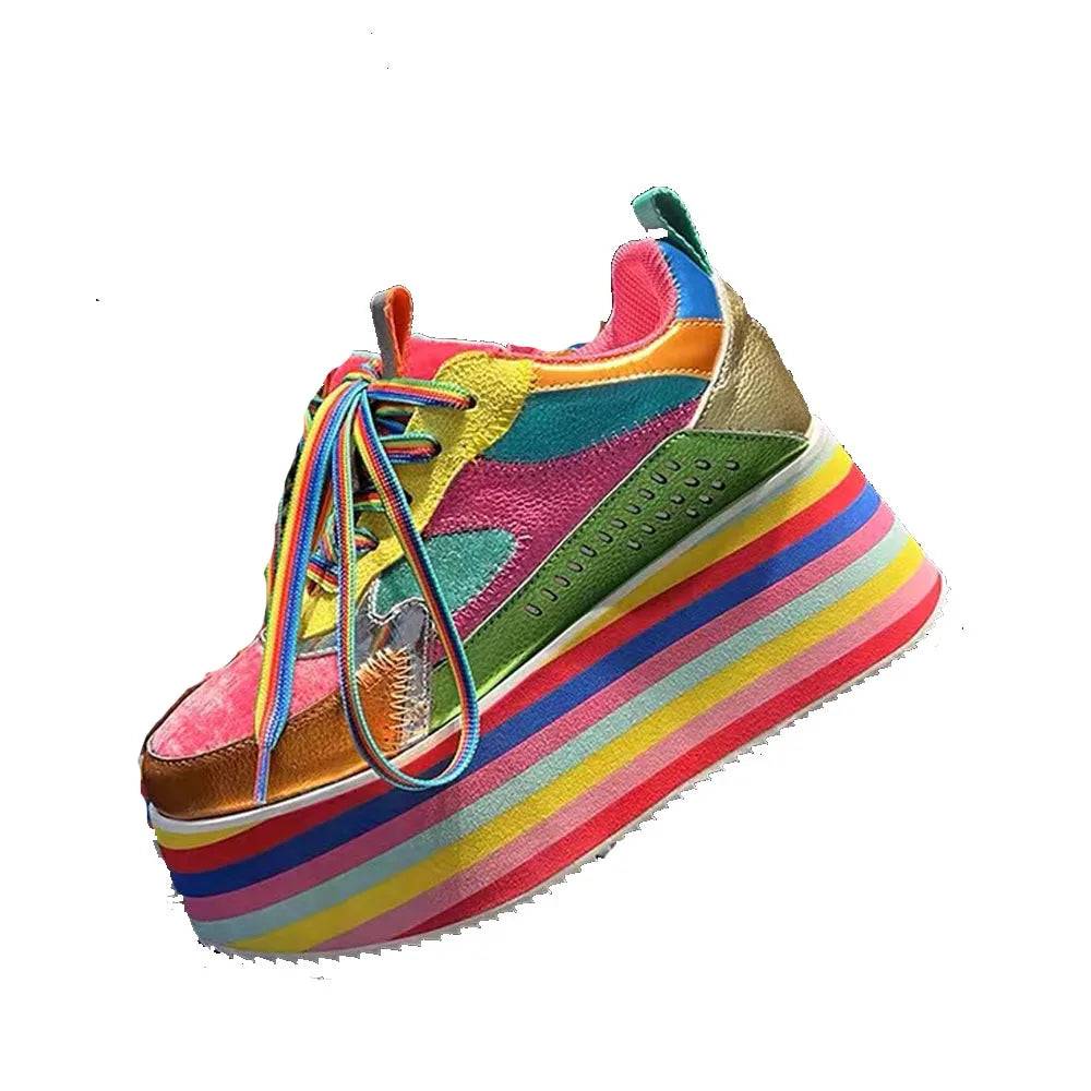 Spring Autumn Women Colourful Sneakers High Platform Shoes Heels Chunky Casual Dad Shoe Genuine Leather Thick Bottom Fashion New