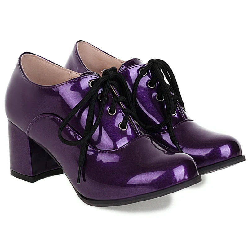 Women's Purple High Heels Loafer Shoes Fashion Lace-up Black White Block Heeled Party Wedding Office Shoes Female Big Size 45