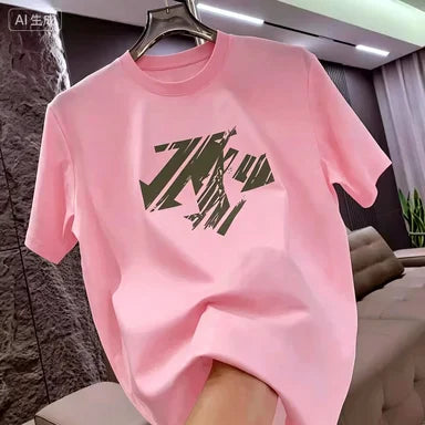 Summer New Trendy Brand Heavyweight 100% Cotton Men's Crew Neck Short Sleeve T-shirt Fashion Casual Print Versatile Top