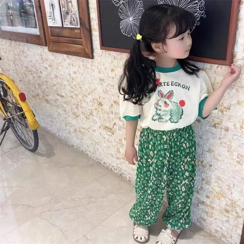 Baby Sets Girls Cute Suit Summer New Outfit Kids Short Sleeve   Cartoon T-Shirt Floral Pants 2-Piece Children Casual Clothing