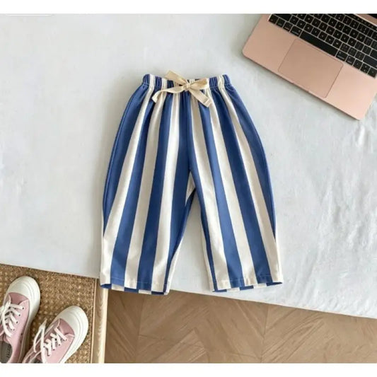 Kids Casual Loose Fit Pants Cotton Trousers With Striped Drawstring Design Multiple Color Choices Suitable For Boys And Girls