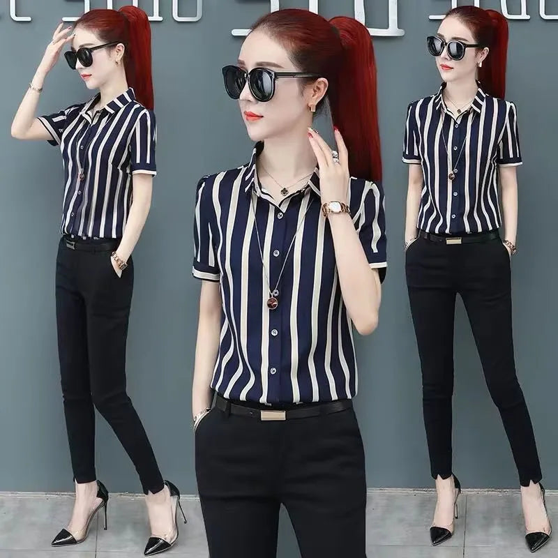 Fashion Women Spring Summer Style Blouses Shirts Lady Casual Office Work Wear OL Short Sleeve Striped Blusas Tops