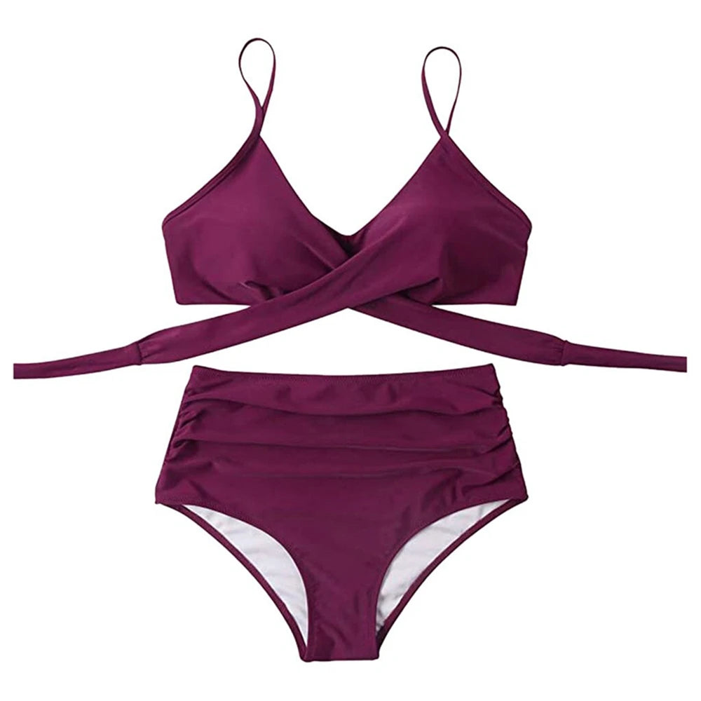 Hot 12 Colors Women Slim Bikini Sets High Waisted Sexy Swimwear 2 Pieces 2025 Solid/Floral Ruched Brazilian Swimsuit Cross Front