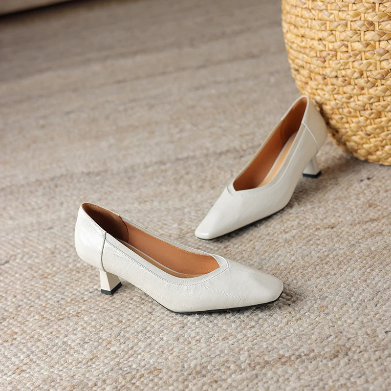 【JOCHEBED HU】Brand Genuine Leather Square Toe Women Pumps Slip Mid Heels Solid Color Dress Party Spring Autumn Shoes Handmade