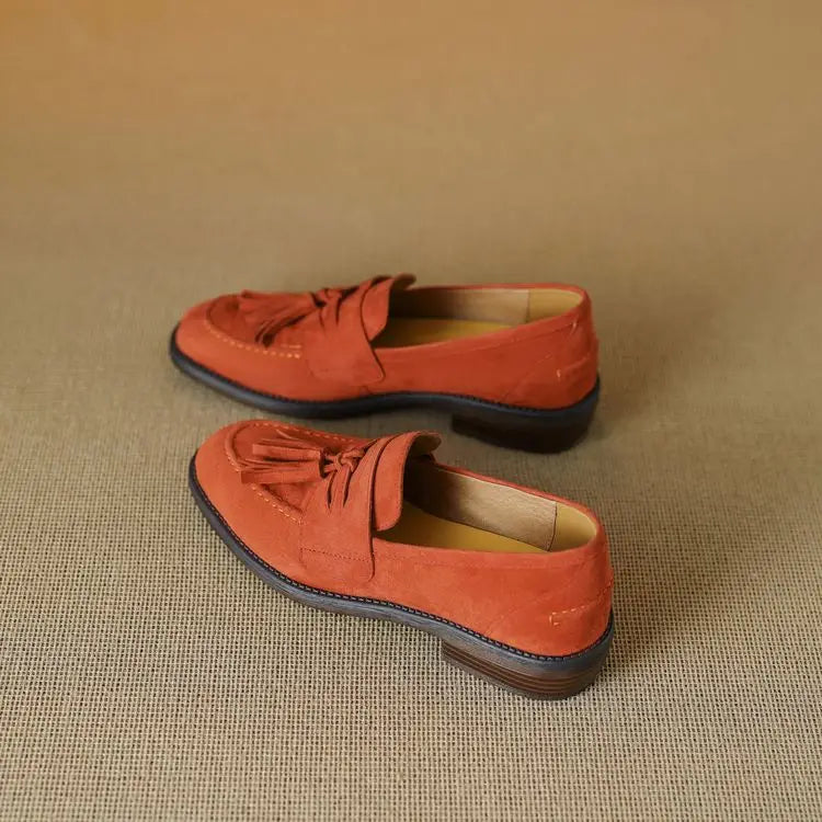 Women's loafers leather shoes Spring New Products Genuine leather sheepskin Nubuck Leather Black/Green/Orange Tassel decoration