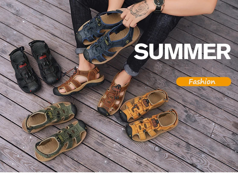 Men Sandals Summer Genuine Leather Mens Casual Shoes Outdoor Leather Sandals for Men Beach Shoes Roman Shoes Rubber Water Shoes