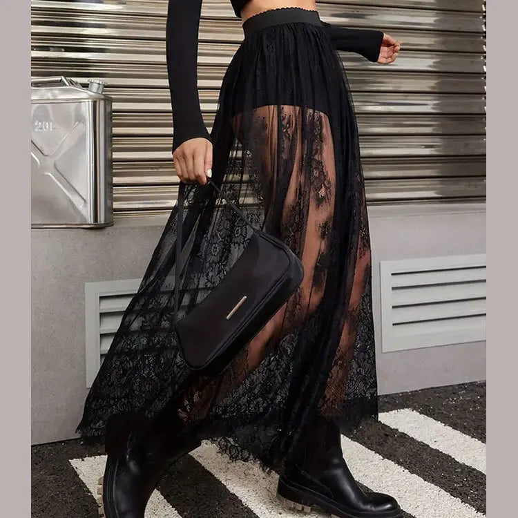 Sexy Solid Color See Through Lace Patchwork Skirt Women Fashion Trendy Chic Y2k Style Skirts Summer Streetwear Female Clothing