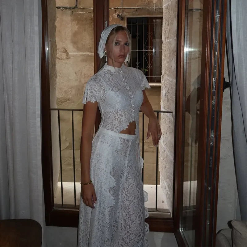 See Through Lace Vest Pant Set Women Beach Sling  Tops Pleated Straight Pants 2026 Summer Vacation Hollow Out Lady Suits