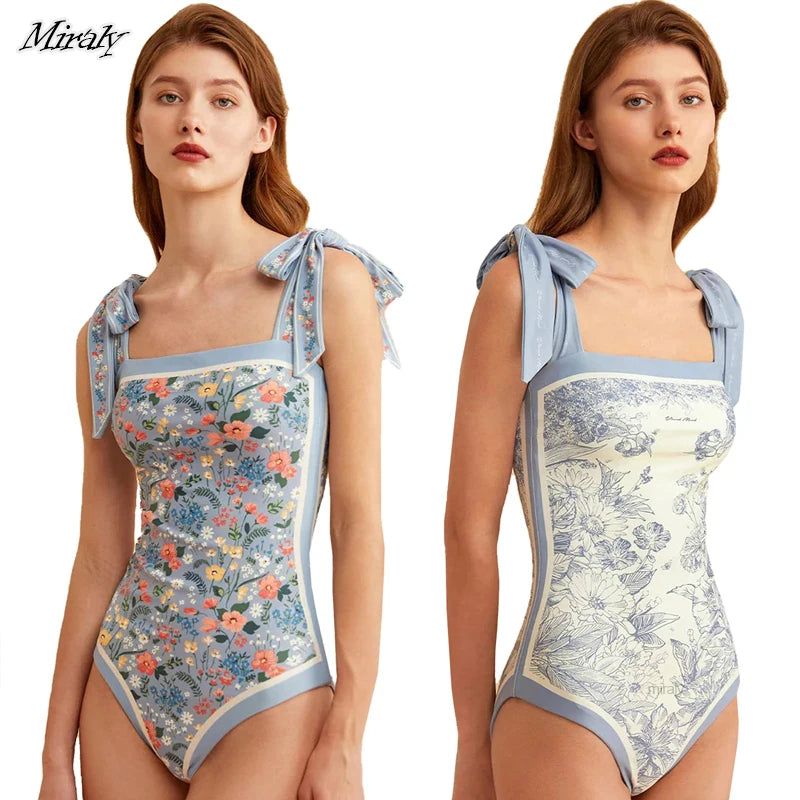 Y2K Floral One Piece Swimsuit Reversible Tie Shoulder Monokini Tummy Control