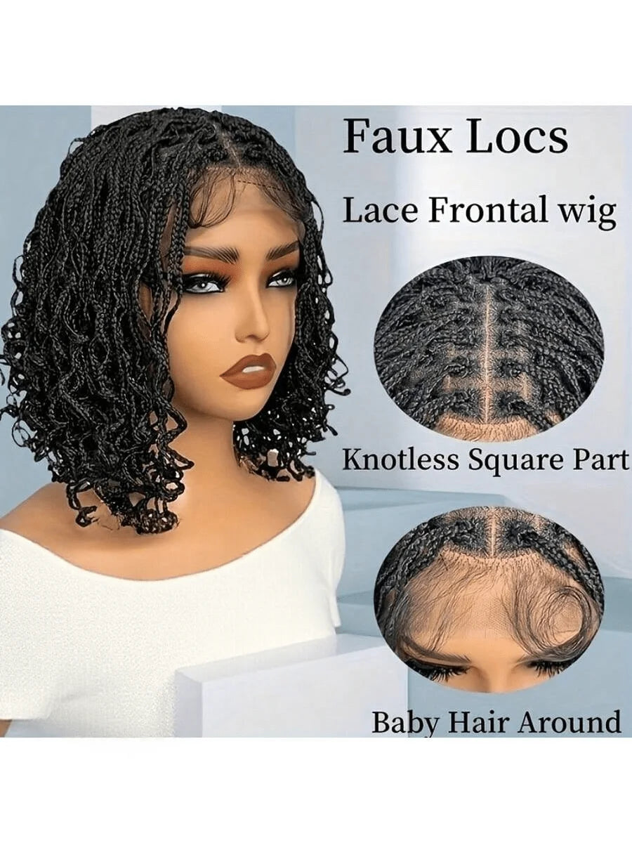 Synthetic Full Lace Front Braid Wig 14inch Curly Faux Locs Black Color Large Parting Space Twist Dreadlock Wigs for Black Women