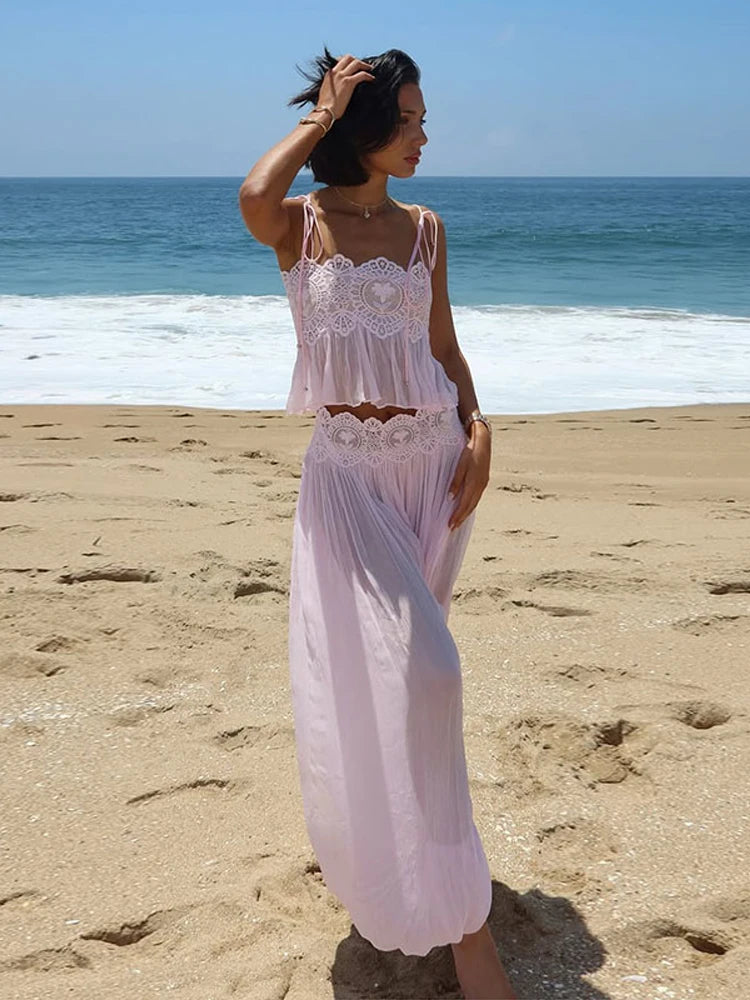 Sheer Layers Lace Stitching Solid Women's Suit Sling Mini Top High Waist Loose Long Skirt Fashion 2026 Summer New Beach Lady Set