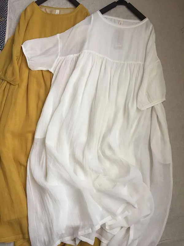 2024 Women Summer Cotton And Linen Pleated Double Layered Robe Casual Loose Half Sleeve Dress Ladies Holiday Clothes X1041