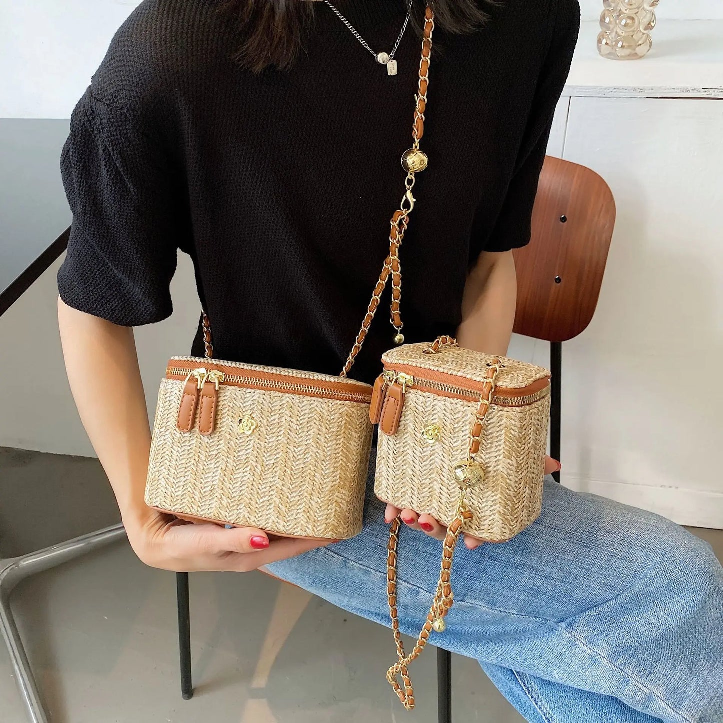2023 Mini Straw Bucket Crossbody bag For Women Summer Weave Women's Brand Handbags And Purses Fashion Chain Simple Shoulder Bags