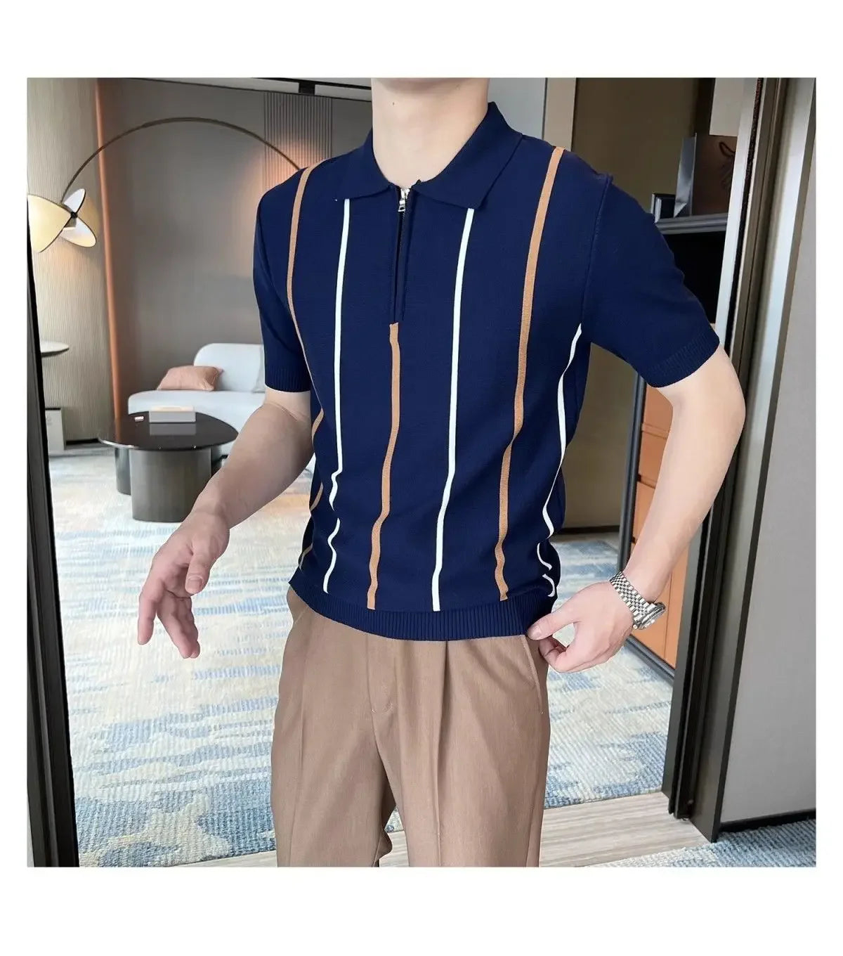 High-end Short-sleeved Men's British Retro Striped Slim Lapel Knitted Contrasting T-shirt 1/2 Pieces