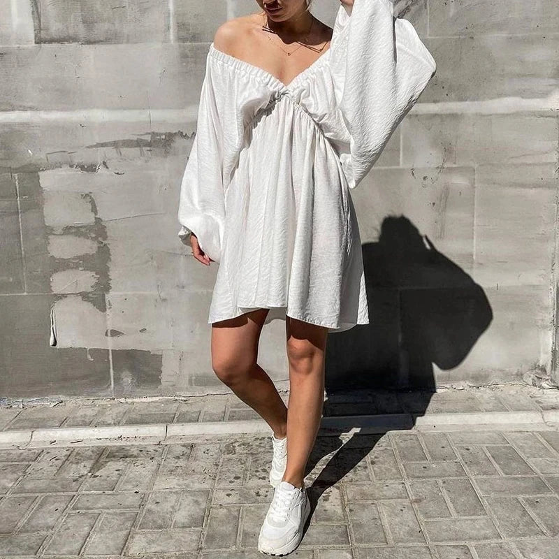 NHKDSASA Women Elegant Solid Loose Dress Summer Casual Long Sleeve Ruffle Dress Ladies Fashion V Neck A-line Party Dress Vestido